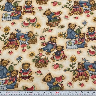 Vtg Picnic Bears Watermelons Springs Industries Cotton Fabric by the HALF YARD - Image 1 of 2