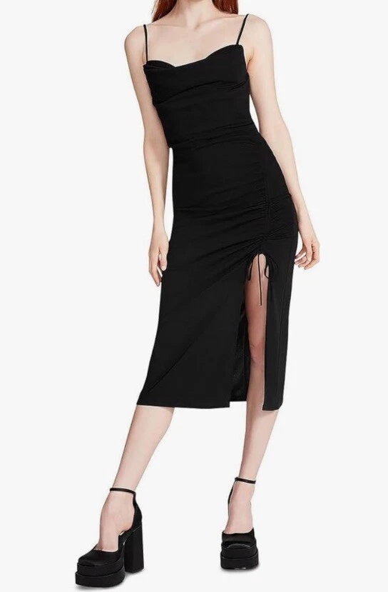Nuevo sin etiquetas Vestido Steve Madden Apparel Para Mujer Mica Lateral Acanalado Midi Negro Talla L Foto 1 de 3