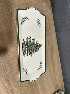 Vtg Spode CHRISTMAS TREE GREEN TRIM long Sandwich Tray 13 inch rectangle Holiday - Image 1 of 3