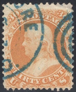 #71 En muy buen estado usado 30 ¢ Benjamin Franklin con cancelación azul limpio 1863 ¡FRESCO! (REM #71-81) - Imagen 1 de 2