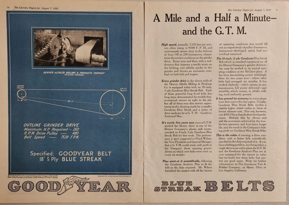 Publicidad impresa 1920 Goodyear Blue Streak Cinturones para maquinaria Akron, OH y Los Ángeles, CA Foto 1 de 1