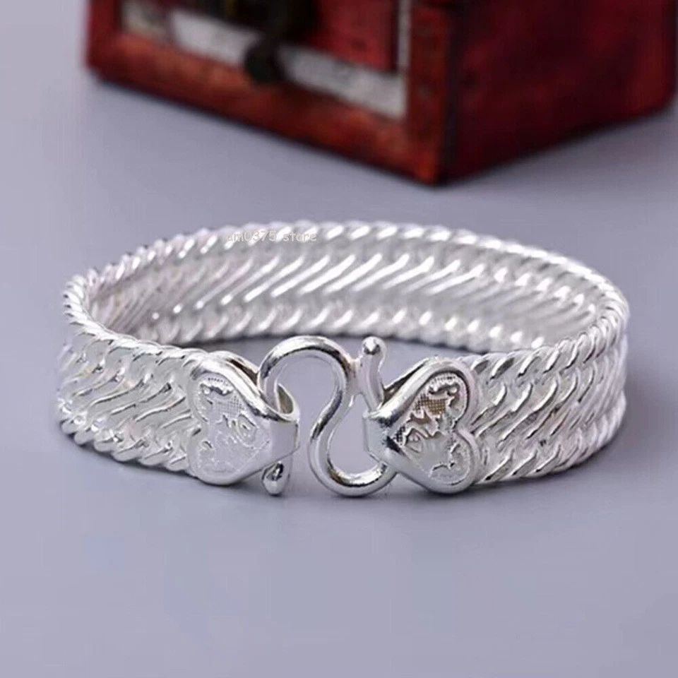 Pure 999 Fine Silver Bracelet Women Men's 12mm/22mm Wider Cuban Curb Link   - Image 1 of 4