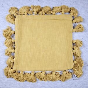 Decorative Throw Pillow Woven Cotton Slub Tassels 18x18 Mustard Pillow Square 