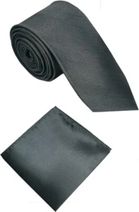 Skinny Tie & Pocket Square Set Dark Grey Polished Look Smart & Casual - Picture 1 of 1