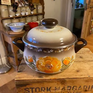 WMF Stahlemail 1970’s 1980’s German Lidded Enamel Large Casserole – Flowers – - Picture 1 of 6