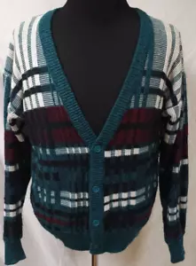 Vtg 90's JT Beckett Large Turquois Multicolor Stripe V-Neck Cardigan Sweater - Picture 1 of 13