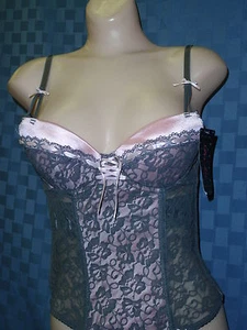 Per Lei Ladies Beautiful Gray With Pink Lace Bustier And Padded Bra Size Medium  - Picture 1 of 10