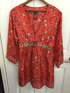 Johnny Was Boho Hippie Kleid orange Blumen 100% Seide bestickt 3/4 Arm S - Bild 1 von 5
