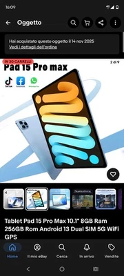 Tablet Pad 15 Pro Max 10.1" 8GB Ram 256GB Rom Android 13 Dual SIM 5G WiFi GPS - Immagine 1 di 4
