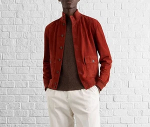 Bold Edge Look: Trendy Red Suede Bomber Style Button Leather Jacket for Men - Picture 1 of 4