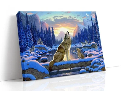 canvas art print giclée or poster or pillow. Wolf song. howling wolves at moon. - Image 1 of 4
