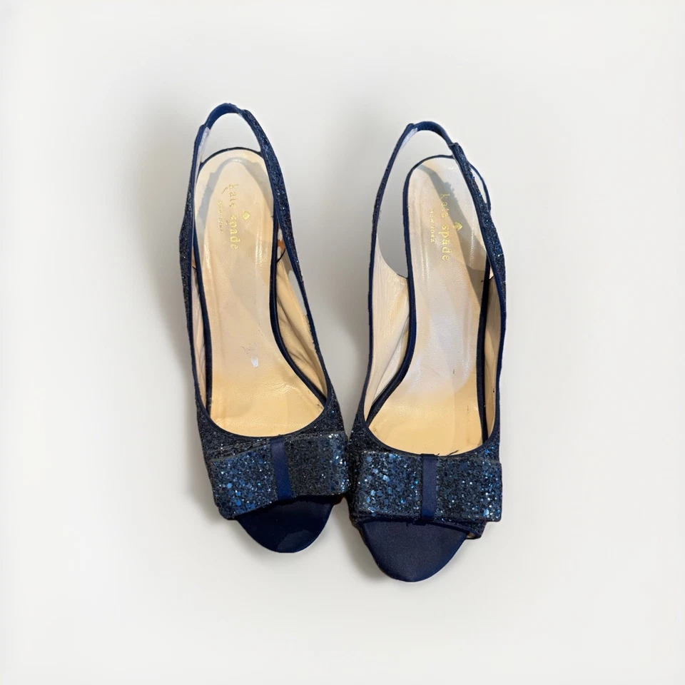 Zapatos de tacón Kate Spade "Encanto" azul brillo con lazo punta abierta talla 10 Foto 1 de 4
