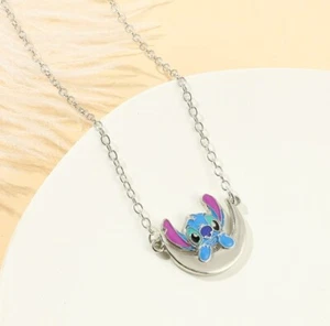 Silver Multicolor Cartoon Character Blue Stitch Moon Pendant Chain Necklace - Picture 1 of 2
