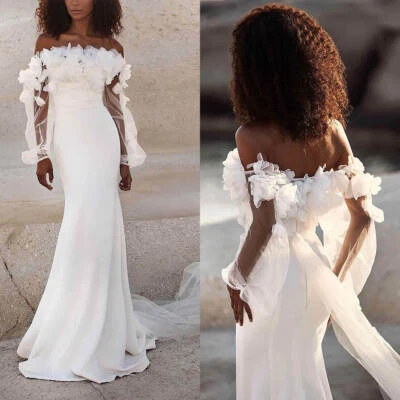 Brautkleid Hochzeitskleid Column Langarm Weiß Ivory Maßgeschneidert 36 38 40 42 - Bild 1 von 4