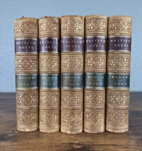 ANTIQUE 1880 LEATHER POETRY BOOKS: THE POETICAL WORKS OF LORD BYRON -5  VOL SET - Picture 1 of 24