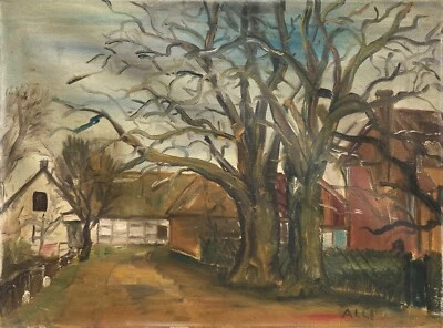 Quadro A Agreste Motivo Strada di Campagna Con Case E Alberi Scandinavia Firmato - Bild 1 von 4