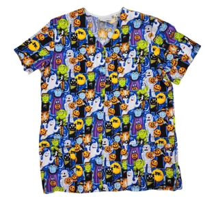 Peaches Scrub Button up Top Halloween Print Ghost Pumpkins Black Cat Fun XL - Picture 1 of 8