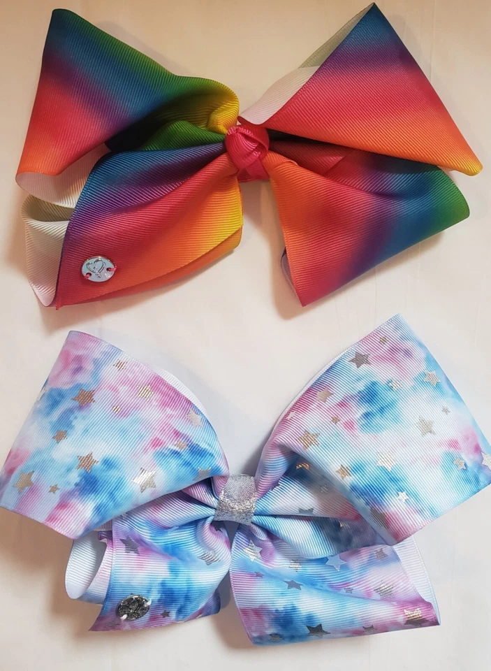 2 Girls Jojo Hairbows  1 Rainbow 1 Pink & Blue With Silver Stars 7x4" - Image 1 of 4