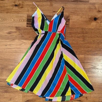 Rainbow Striped Mini Wrap Dress Size Med Festival Colorful Adj Spaghetti Strap - Image 1 of 4