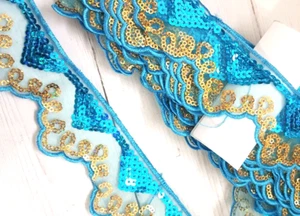 5cm turquoise gold hologram sequin silver braid trim indian arabic ribbon lace - Picture 1 of 1