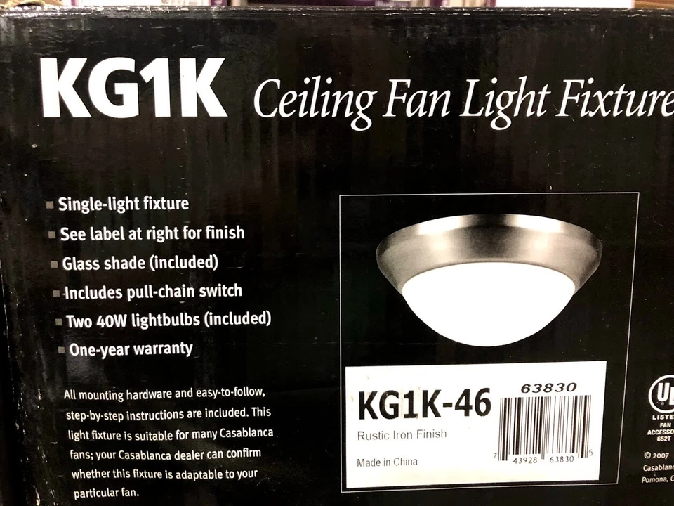 Casablanca Ceiling Fan Center Stem Light Fixture Rustic Iron Finish KG1K-46 - Image 1 of 1