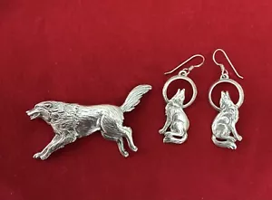 Wolf Brooch with Matching Earrings, 925 Sterling, signed JV 1989 - Picture 1 of 3