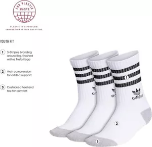 Adidas Kids 3 Pk White Black Crew Polyester Stripe Logo Athletic Sock Set Sz M - Picture 1 of 4