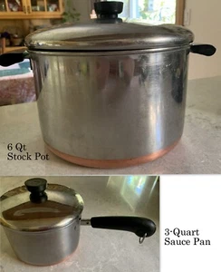 Lot 2 REVERE WARE Vintage Pans w/ Lids 6 Quart Stock Pot and 3 Qt Copper Bottom - Picture 1 of 17