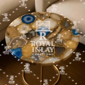 12” Earthy Blue Agate Side Table – Handmade Round Gemstone Accent – Luxury Decor - Picture 1 of 16