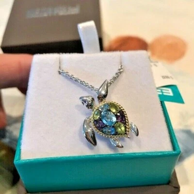 $925 New EFFY 18K Yellow Gold, Sterling Silver, Stones TURTLE Pendant Necklace - Image 1 of 4