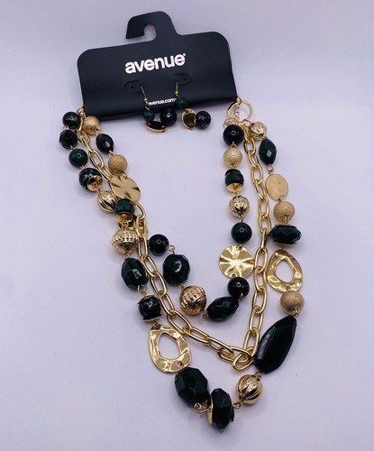 VETEMENTS Collana Avenue catena perle tono oro nero verde triplo filo 16” con orecchini
