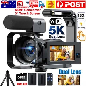 5K Camcorder Video Camera with Dual Lens WiFi IR Night Vision w/64GB,Mic, Tripod - Picture 1 of 10