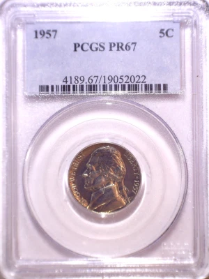 1957 PCGS PR67 Proof Jefferson Nickel - 5C - Five Cents - Old Blue Holder - Image 1 of 2