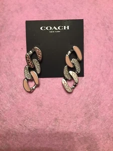 COACH Signature Curb Chain Links C Silver +Pink Linear Earrings NWT $125 - Picture 1 of 3