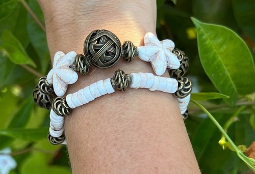 OFF WHITE Set Bracciale Grosso Donna Starfish Bianco Abbronzato e Bronzo Fatto a Mano