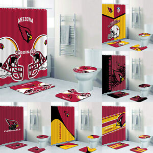 Arizona Cardinals Bathroom Shower Curtain Bath Mat Rug Toilet Lid Cover 4PCS Set