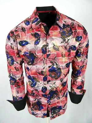 Camisa Niko Para Hombres Rosa Floral Dorado Lámina Superpuesta Diseñador Estampados Calce Ajustado Abotonada Foto 1 de 4