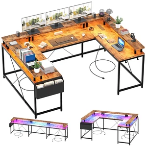 79" LED U-Shaped Gaming Desk W/ Power Outlets L Shaped Desk Corner Computer Desk - Picture 1 of 47