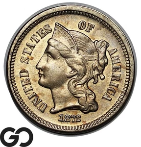 1872 Three Cent Nickel, Great Strike, Gem BU++ Better Date - Picture 1 of 3