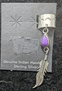 Vtg. Navajo Ear Cuff Sterling Silver Purple Sugilite  Earrings w/dangle feather - Picture 1 of 2