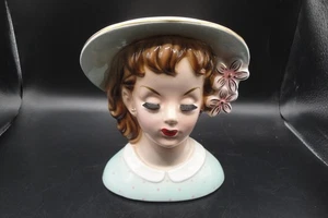 Vintage 1960 Napco C4554 Frauenkopf Vase grün rosa Tupfen Ohrringe & Wimpern - Bild 1 von 14