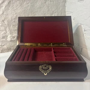1980s Contemporary Vintage Red Velvet Lined Brown Walnut Colored Jewelry Box - Picture 1 of 24