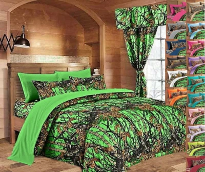 2 pc Twin size Camo comforter Bright Neon Green Camo Microfiber (1 pillowcase) - Image 1 of 2