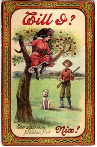 Postal ANTIGUA "¿LO HARÉ? SIEMPRE DEGUSTAR FRUTA PROHIBIDA. ¡NIX!" - Imagen 1 de 2