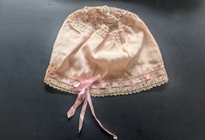 Vintage Art Deco Bonnet Boudoir Cap Hat Lace Pink Chiffon Crochet Fabric Lot # 4