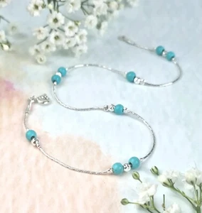 ANKLET blue TURQUOISE 925 Sterling Silver Chain Ankle Bracelet Birthstone 10" - Picture 1 of 5