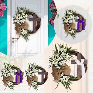 Rustic Burlap Bow Easter Wreath with Cross Faux Lily Garland Decoration
