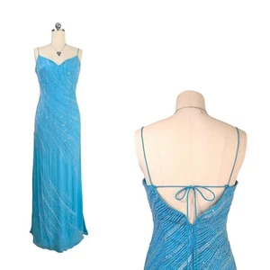Vintage Silk Prom Dress Maxi Gown 10 Blue 90s Y2K Fairy Glam Bead Turquoise Slit - Picture 1 of 15