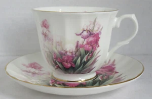 Royal Victorian Fine English Bone China Teacup Tea Cup Saucer Pink Irises Flower - Picture 1 of 8