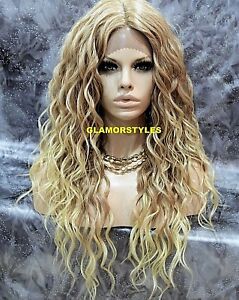 HUMAN HAIR BLEND LACE FRONT FULL WIG LONG LAYERED CURLS MEDIUM BLONDE MIX 27613 